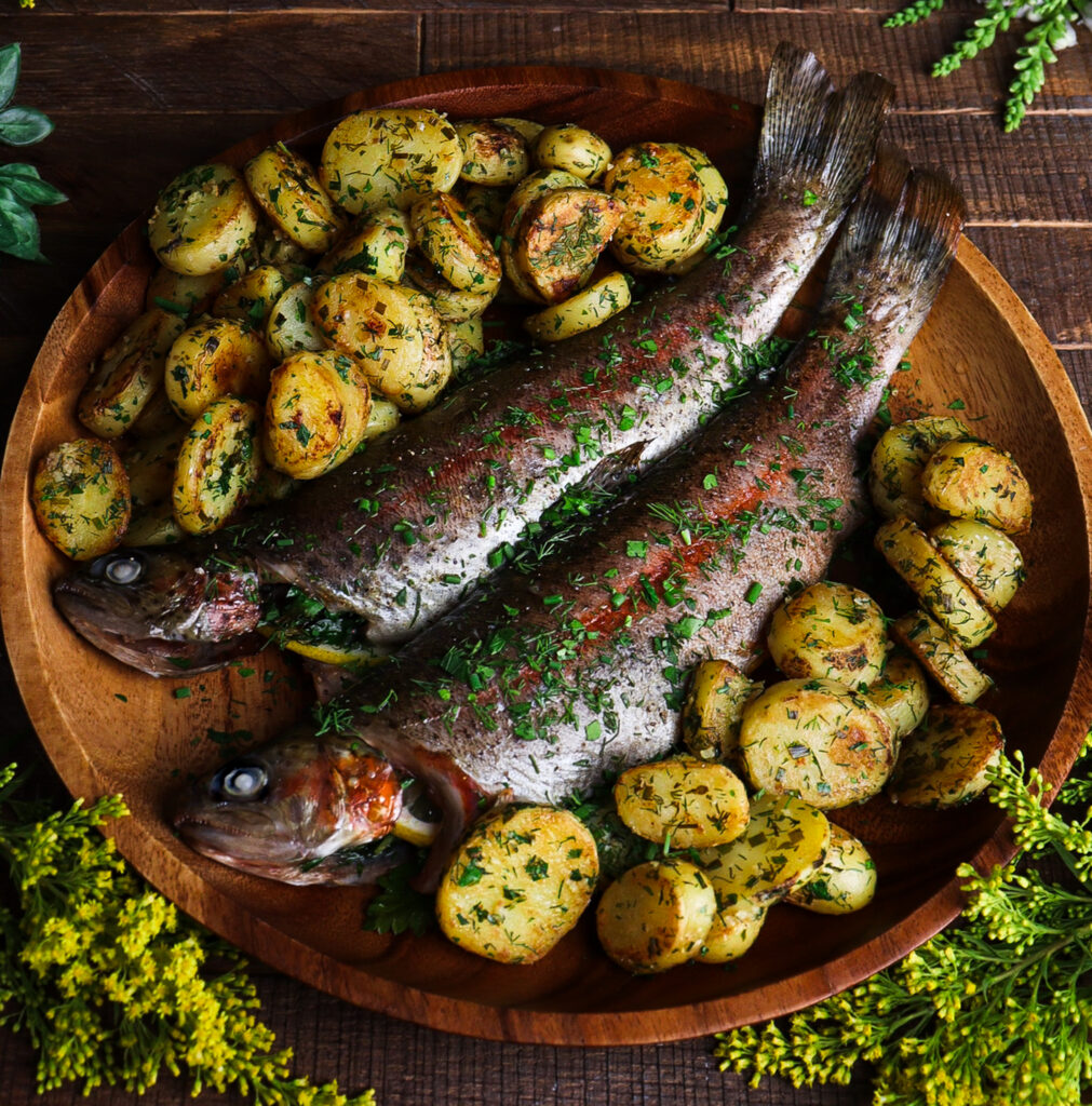 herb baked trout, sautéed new potatoes recipe, hobbit dinner recipes