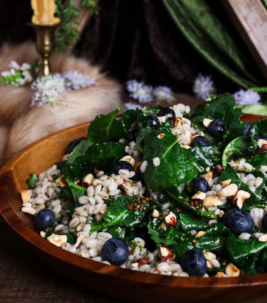 barley kale and blueberry salad, barley kale salad, middle earth food
