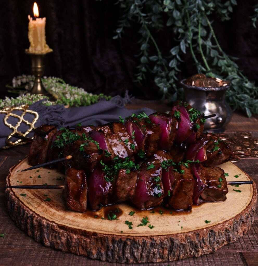 dwarven recipes, stout glazed steak, steak and onion skewers