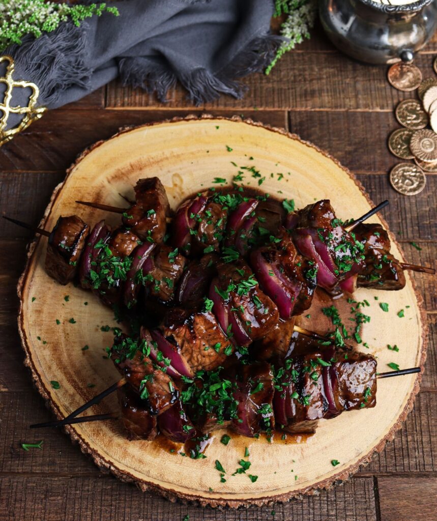 steak and onion skewers, stout glazed steak