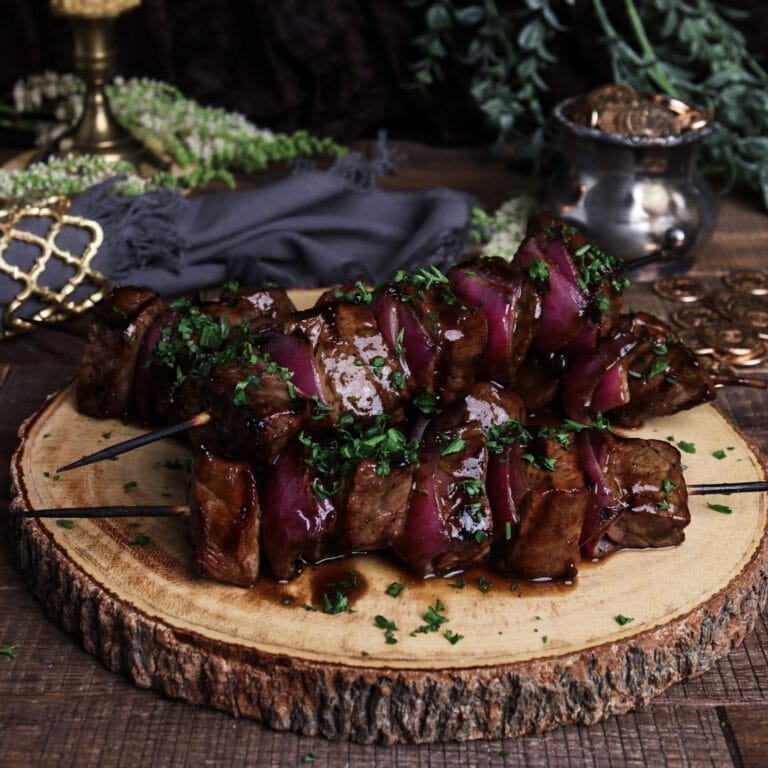 Stout Glazed Steak and Onion Skewers