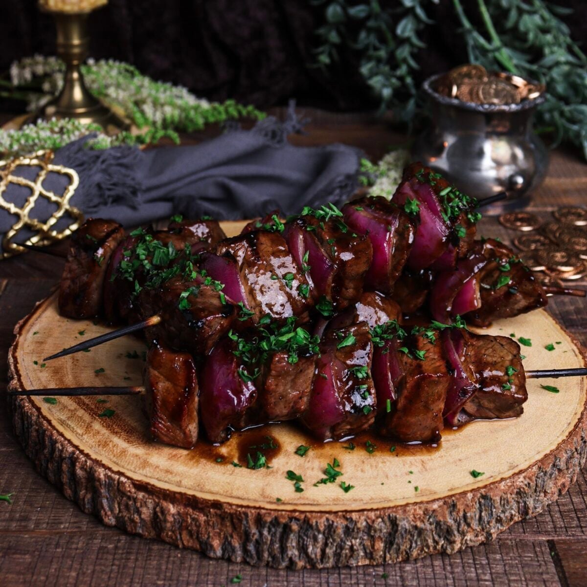 Stout Glazed Steak and Onion Skewers