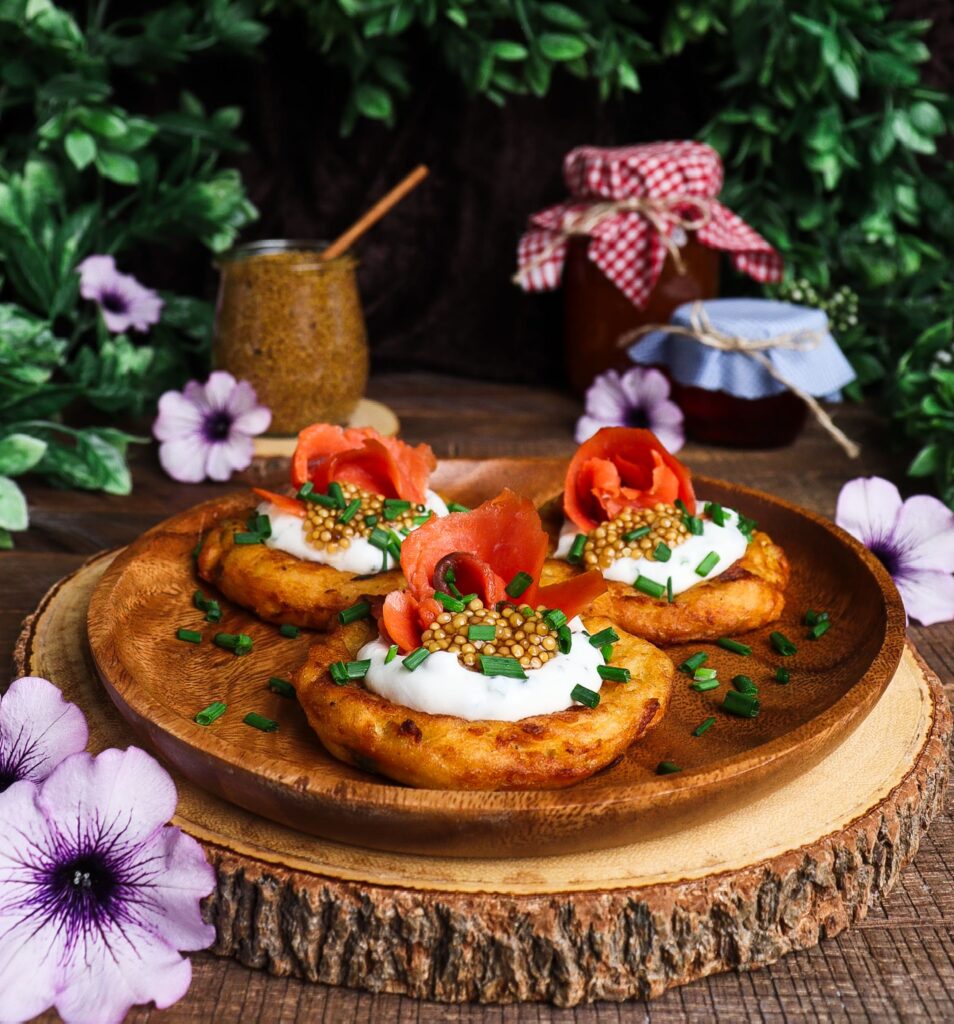 smoked salmon on potato cakes, hobbit pantry