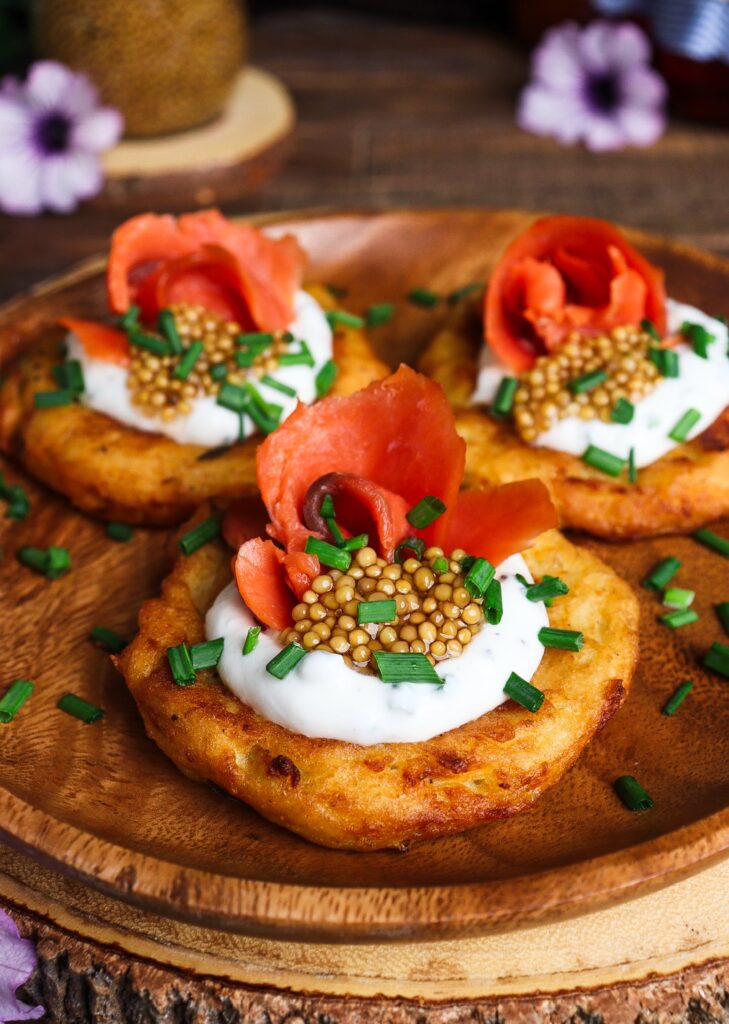smoked salmon potato cakes, pickled mustard seeds, hobbit pantry