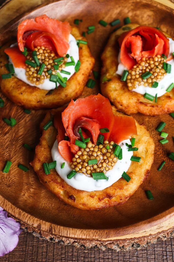 smoked salmon potato cakes, pickled mustard seeds