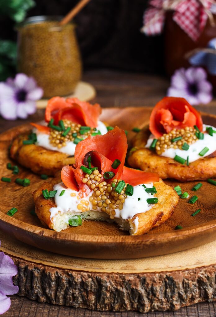 smoked salmon on potato cakes, fried mashed potato cakes, hobbit pantry