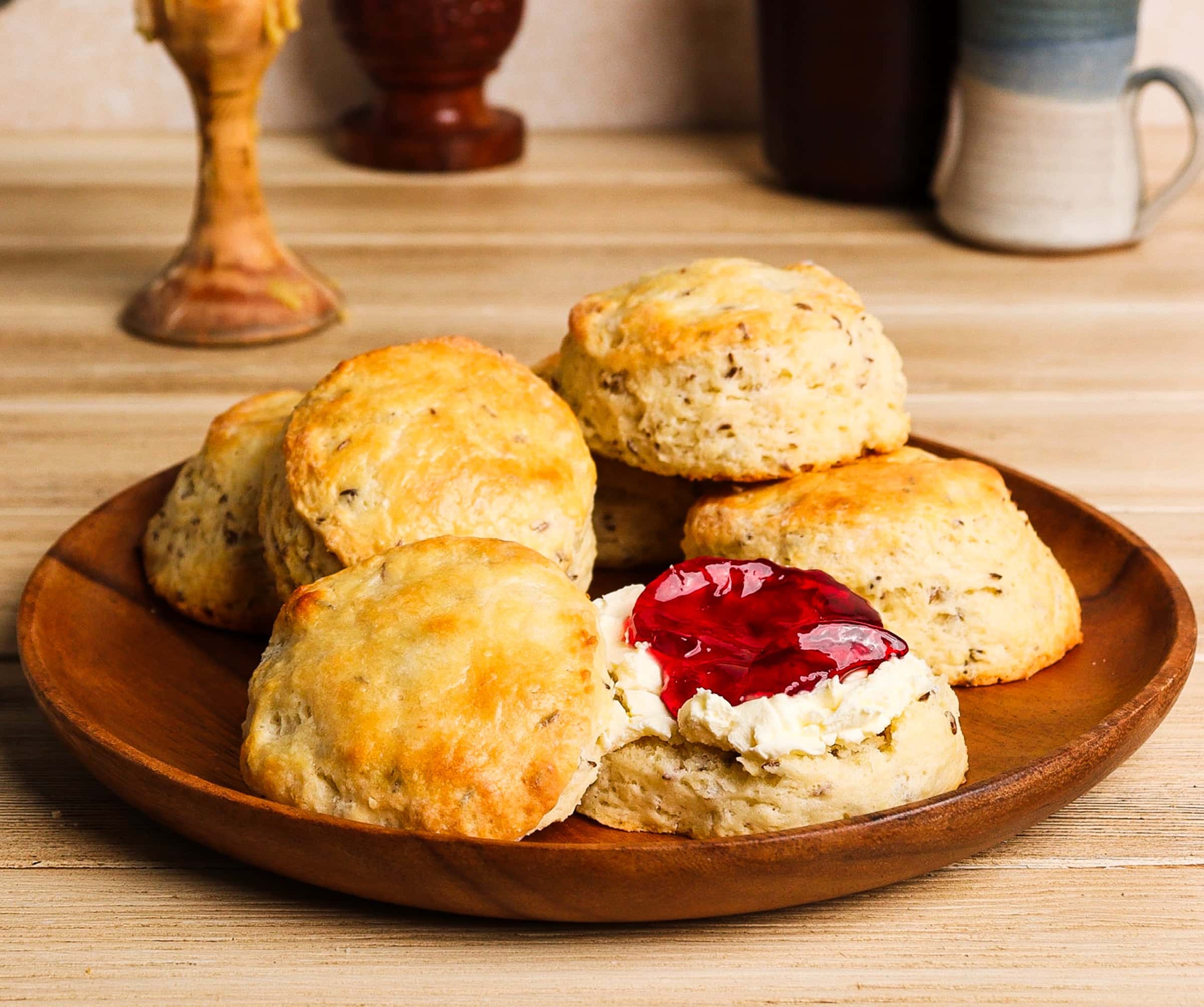seed scones topped with raspberry jelly