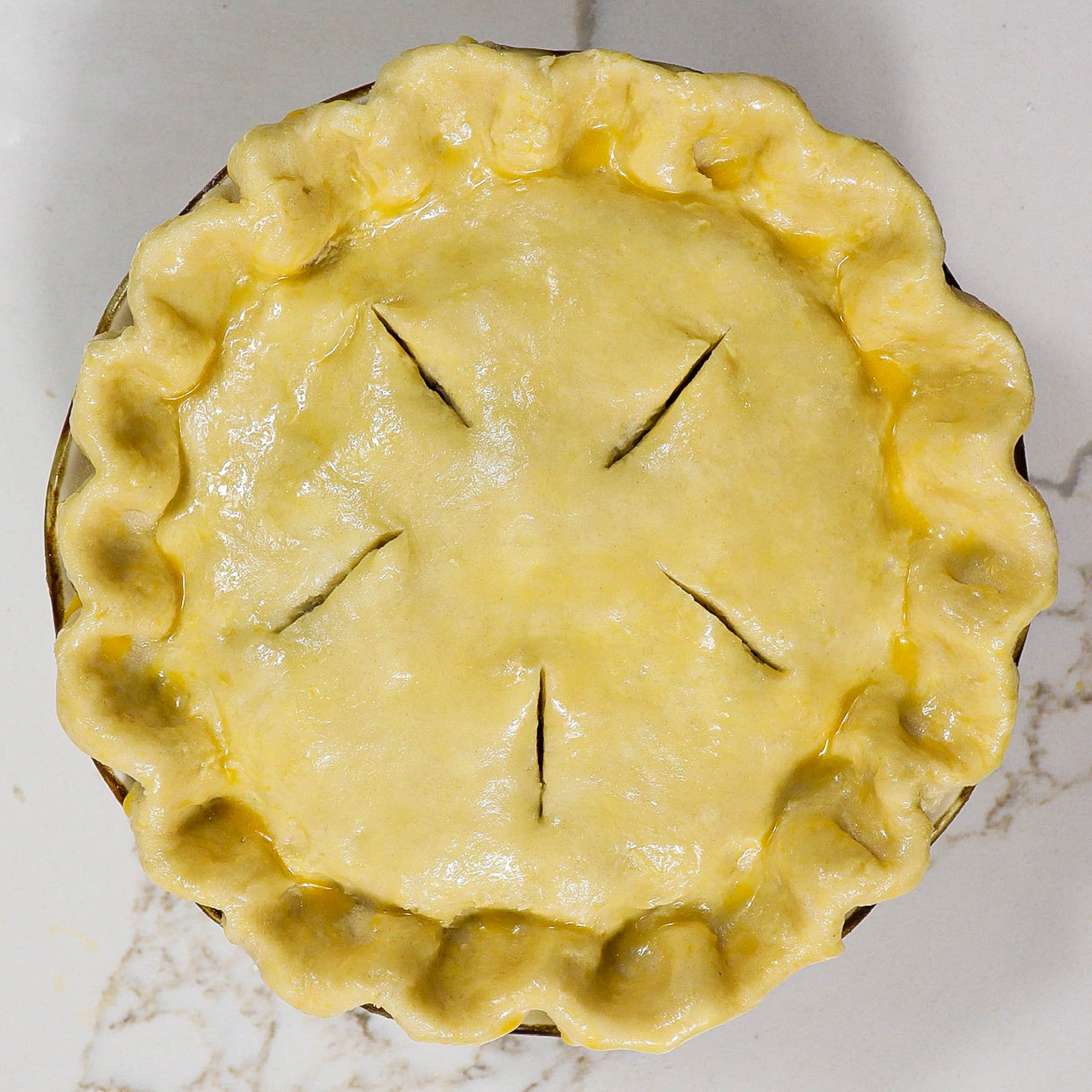 assembled pork leek potato pie before baking