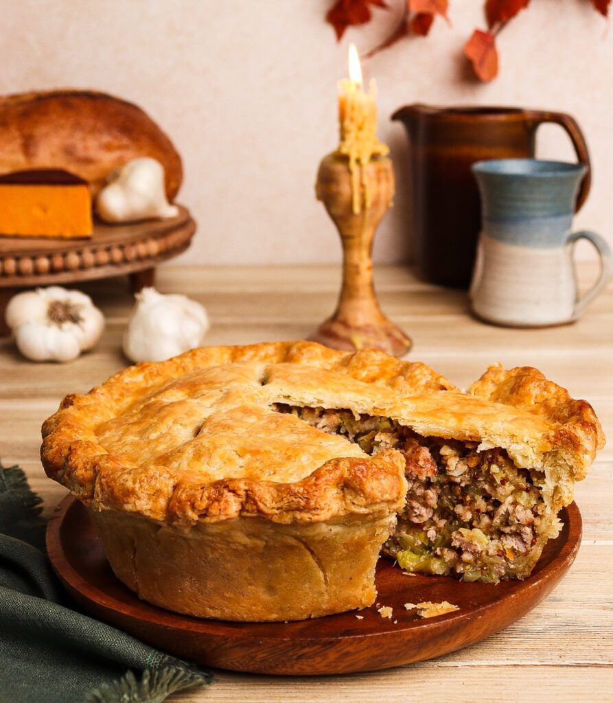 pork leek and potato pie, potato sausage pie, bilbo's pantry