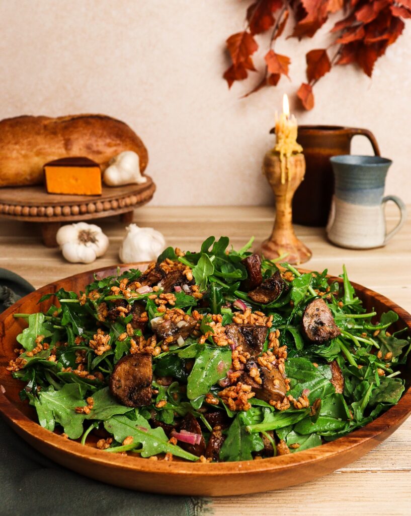 mushroom and arugula salad, crispy barley, warm mushroom salad with vinaigrette, recipes from the hobbit