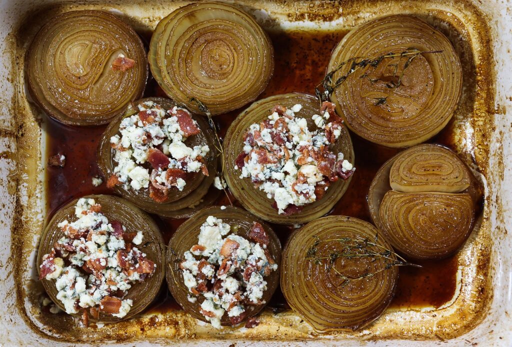 whisky glazed onions with bacon and blue cheese