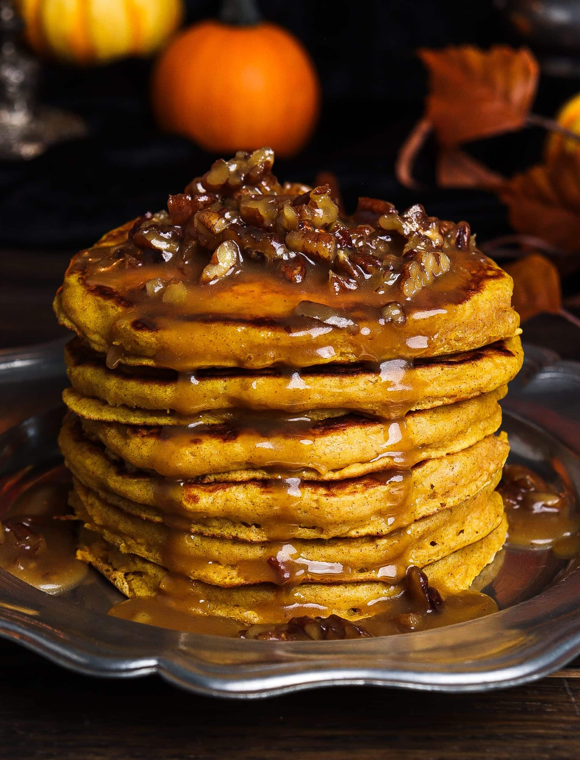 pumpkin praline pancakes, pumpkin pancakes with caramel pecan sauce, sleepy hollow recipes
