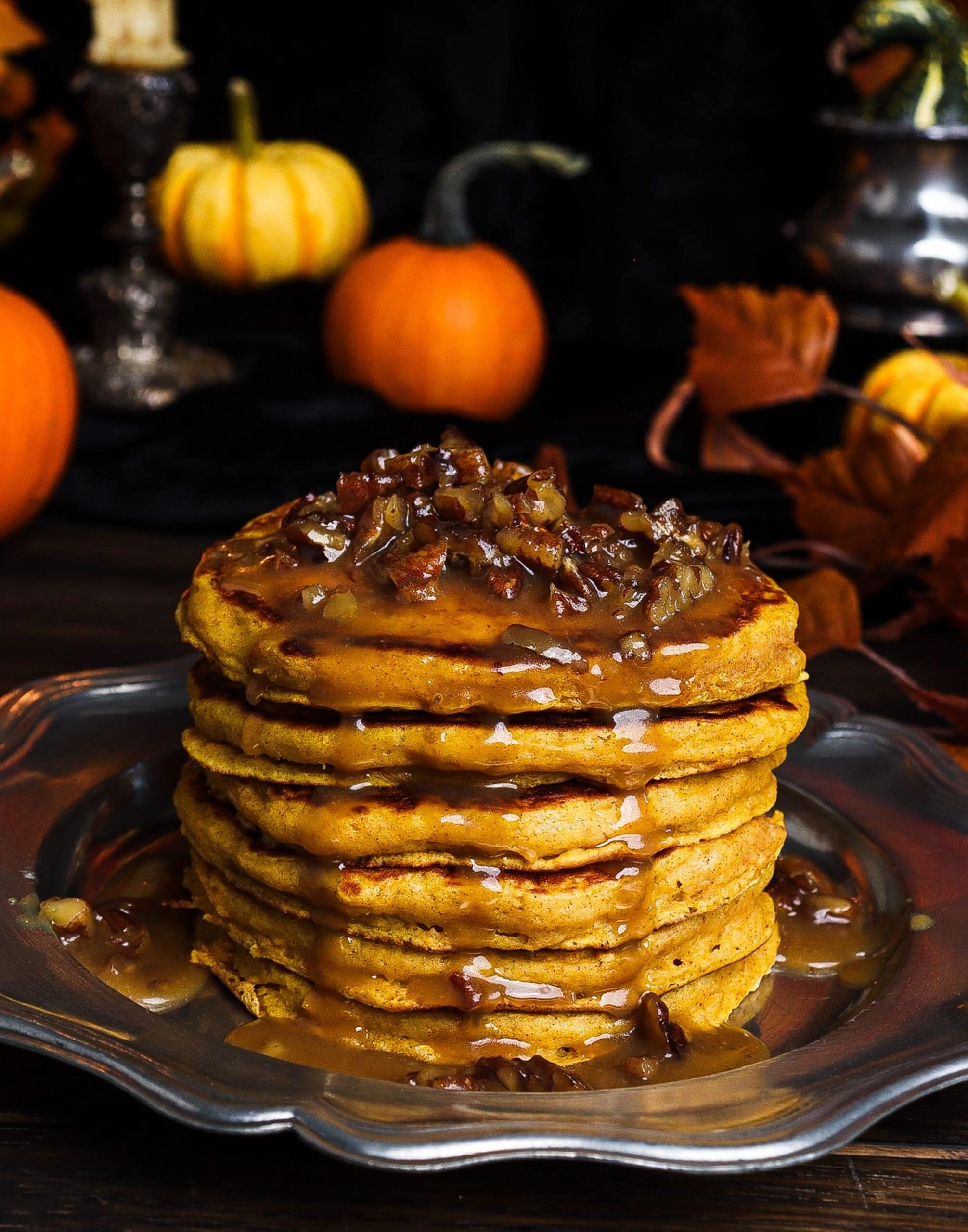 pumpkin pancakes with caramel pecan sauce, fall pancake recipe