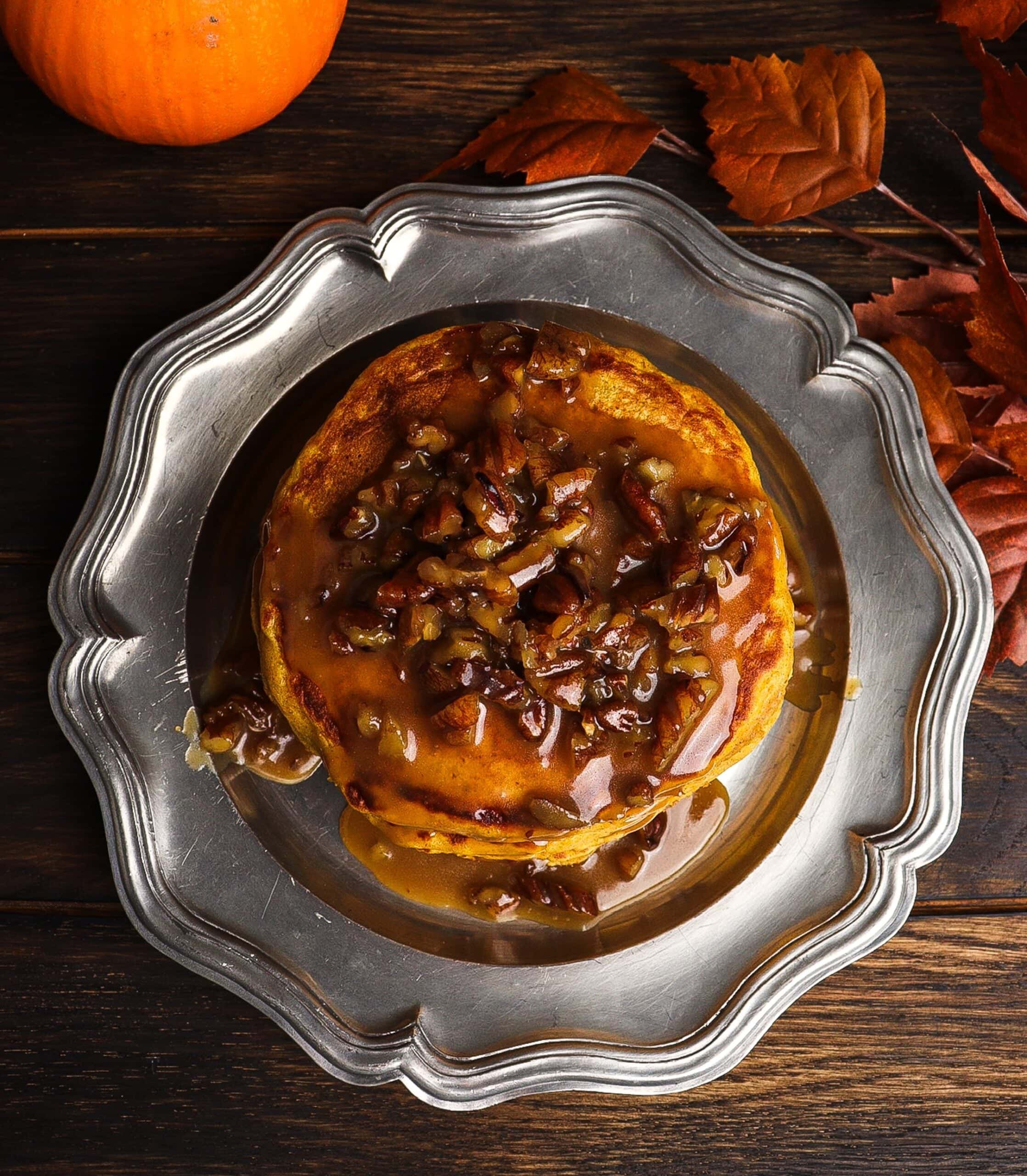 pumpkin praline pancakes, pumpkin pancakes with caramel pecan sauce