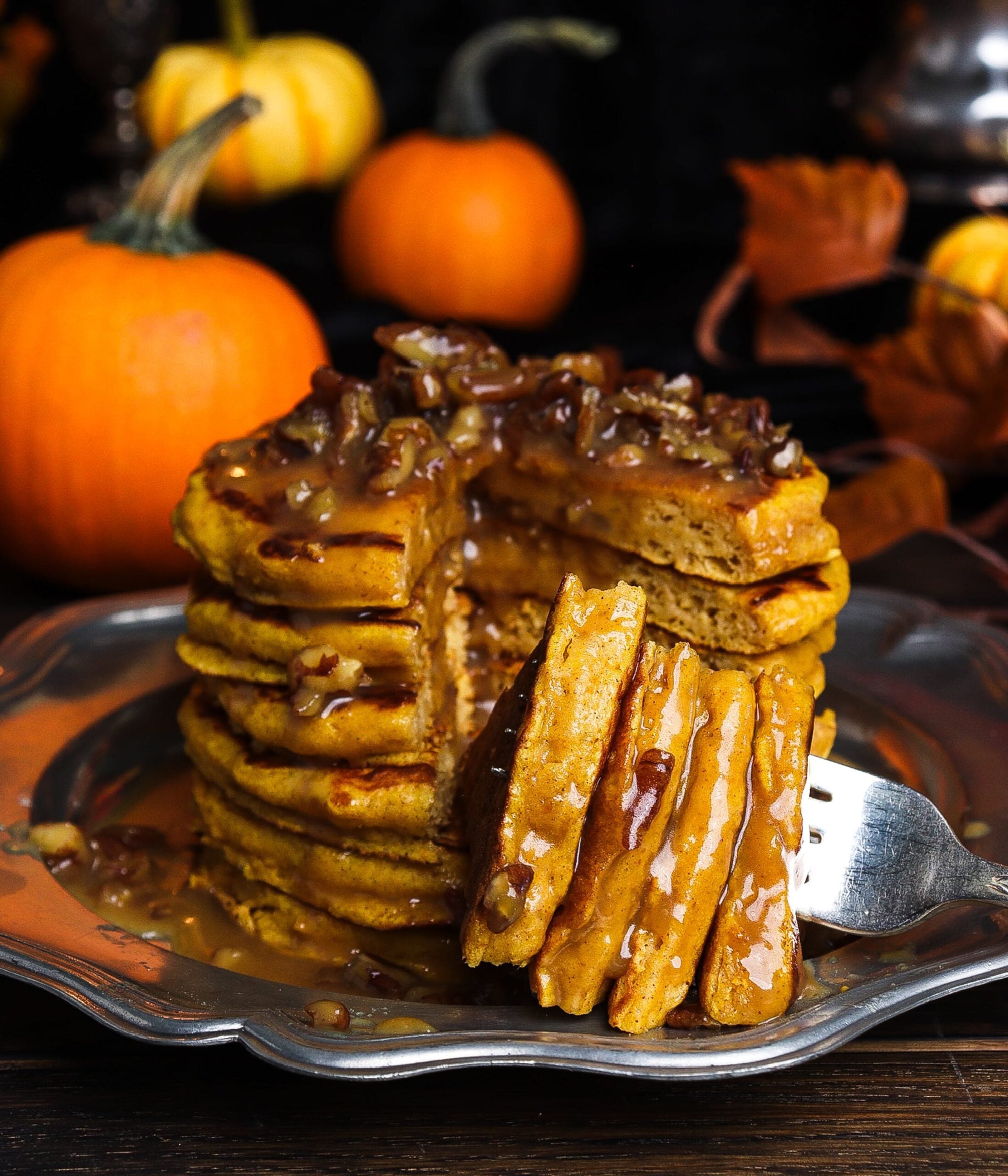 pumpkin pancakes with praline topping, fall pancake recipe, sleepy hollow recipes