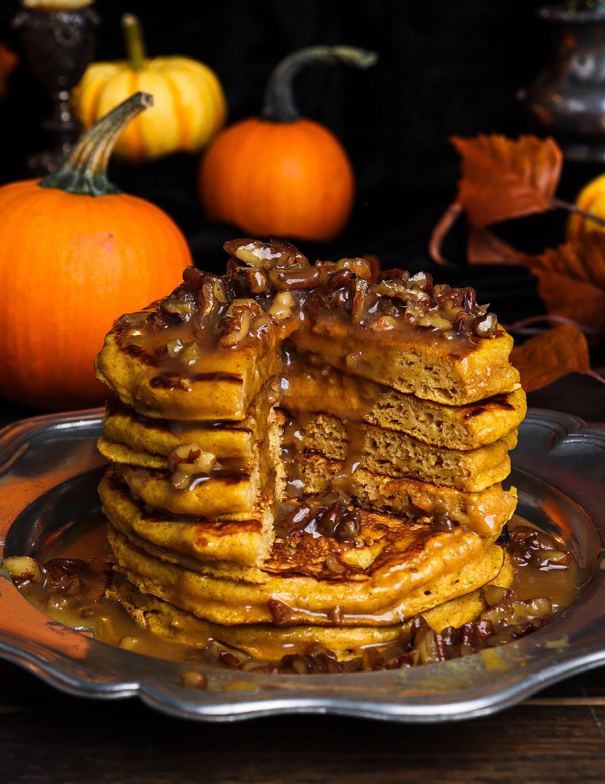 pumpkin pancakes with praline topping, fall pancake recipe