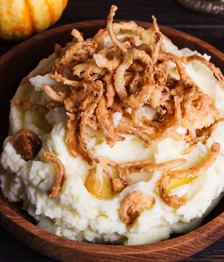 mashed potatoes with buttermilk, mashed potatoes with crispy onions, thanksgiving mashed potatoes