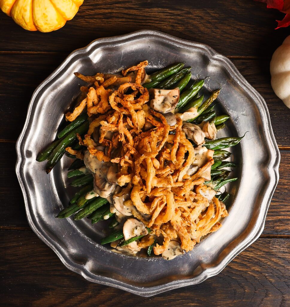 green beans with mushrooms and crispy onions, green bean recipe for thanksgiving