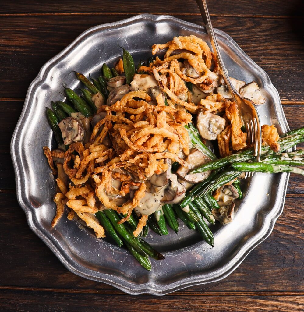 green beans with mushrooms and crispy onions, green beans with creamy mushrooms, green bean mushroom recipe