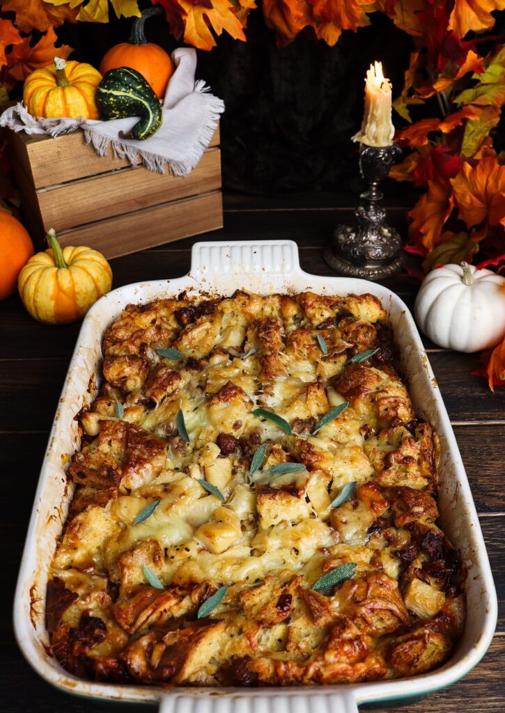sausage apple and sage bread pudding, sausage apple and sage stuffing, sleepy hollow recipe