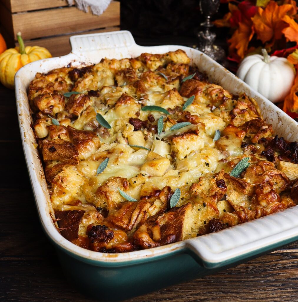 sausage apple and sage bread pudding, sausage apple and sage stuffing, sleepy hollow recipe