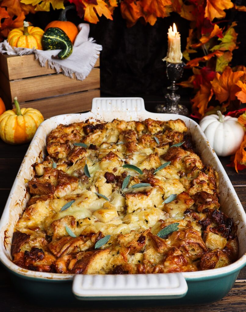 savory bread pudding thanksgiving, sausage apple and sage bread pudding, sleepy hollow recipe