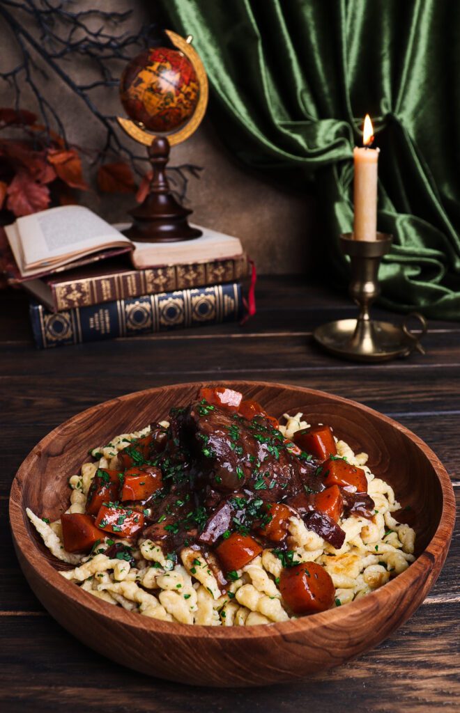 wine braised beef with bacon, frankenstein recipes, braised beef with noodles