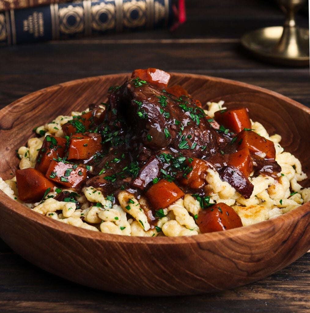 wine braised beef with bacon, braised beef with noodles, frankenstein recipes, beef braised in wine