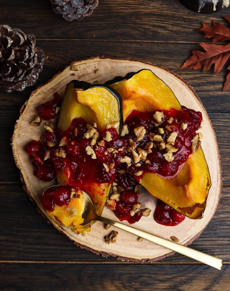 frankenstein recipes, acorn squash with cranberry sauce, maple glazed roasted acorn squash