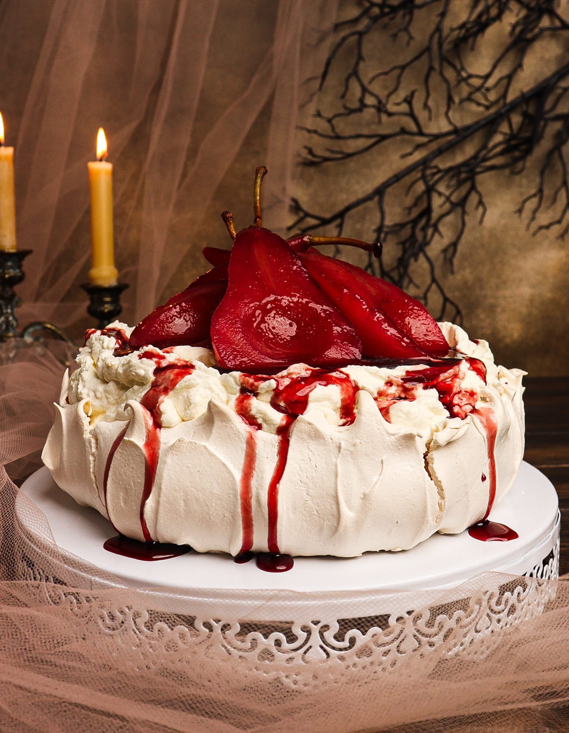 frankenstein recipes, mulled pear pavlova, spiced pear pavlova