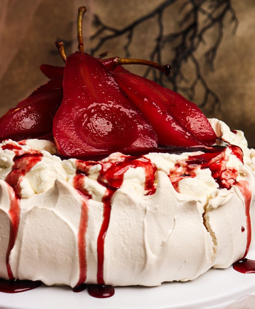 cranberry mulled pear pavlova, spiced pear pavlova, frankenstein recipes