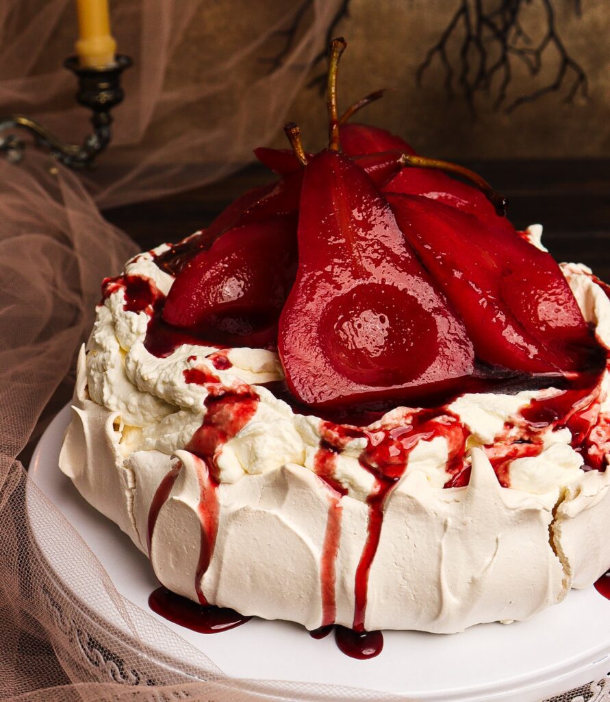 cranberry mulled pear pavlova, poached pear pavlova, frankenstein recipes