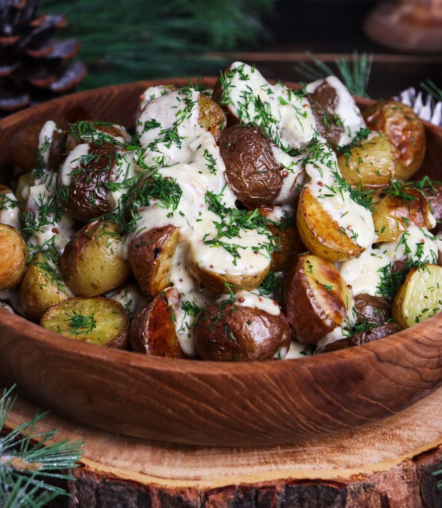 mustard roast potatoes, creamy roasted potatoes, hobbit potatoes recipe