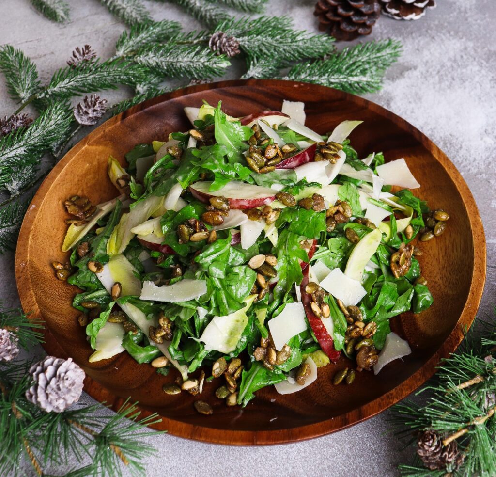 spiced pear endive and arugula salad, pear and arugula salad, elven food