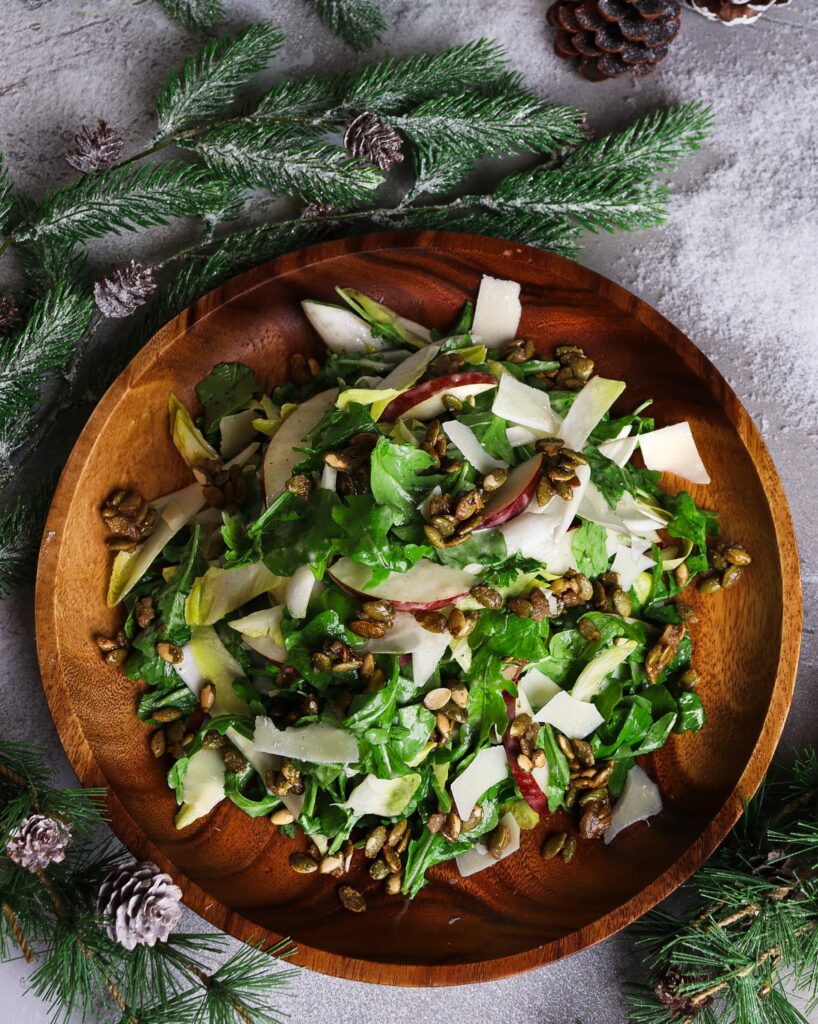 spiced pear endive and arugula salad, spiced pear salad