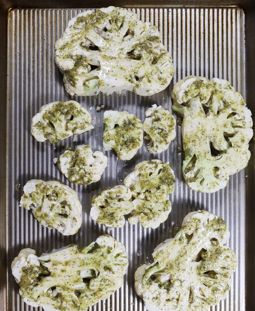 roasted cauliflower steaks, mustard dill cauliflower steaks