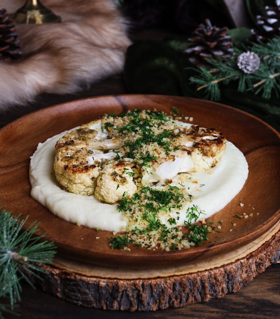roasted cauliflower steaks, mustard dill cauliflower steaks