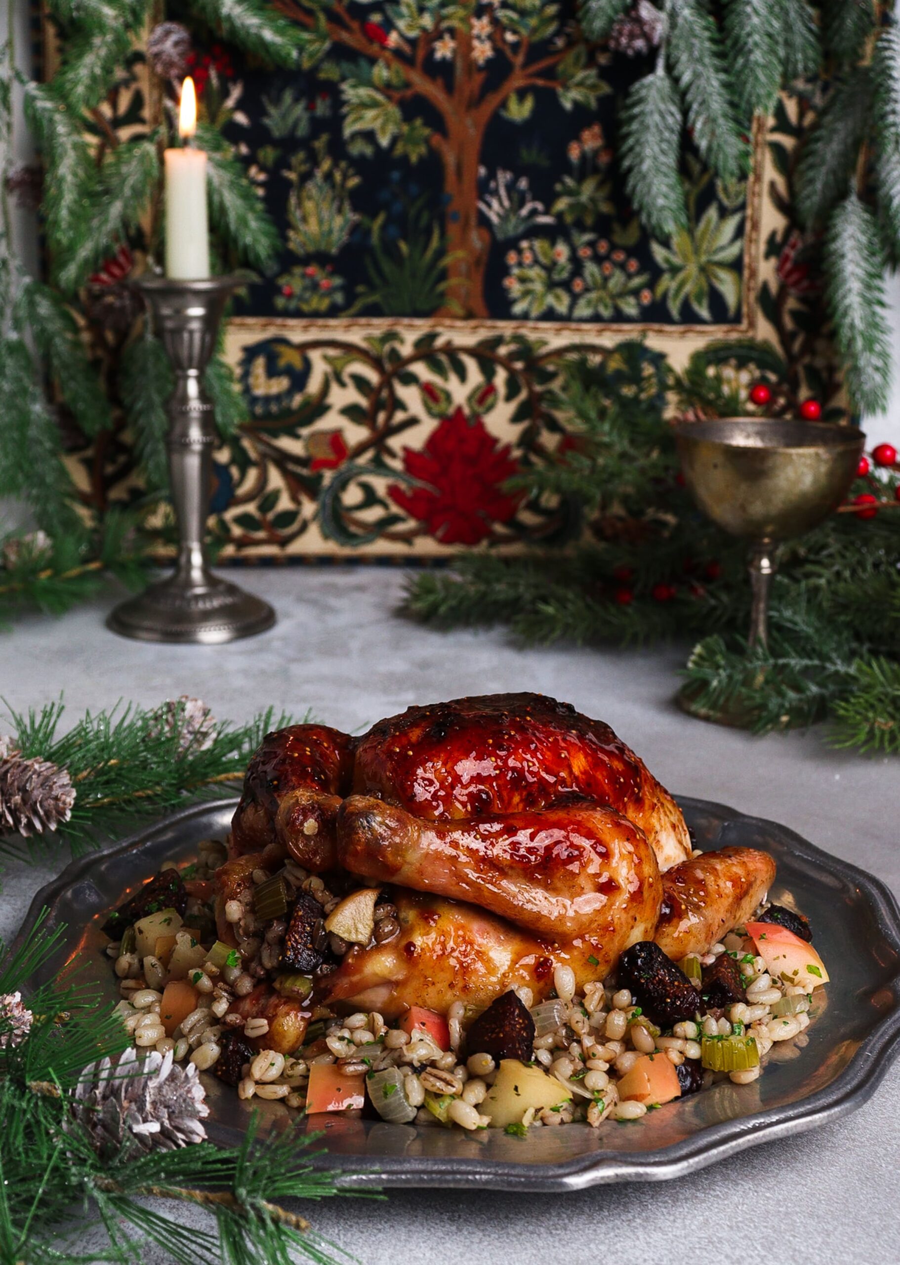 fig glazed cornish hens, pearl barley stuffing, lord of the rings dinner recipes