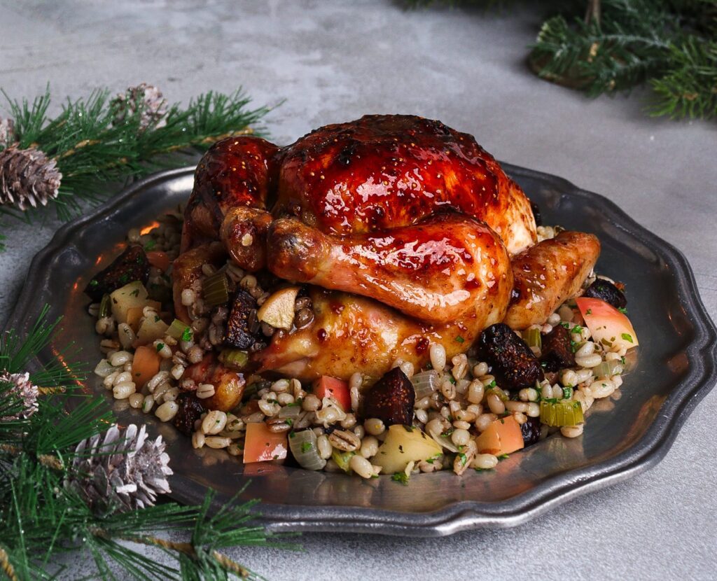 fig glazed cornish hens, lord of the rings dinner recipes, pearl barley stuffing 