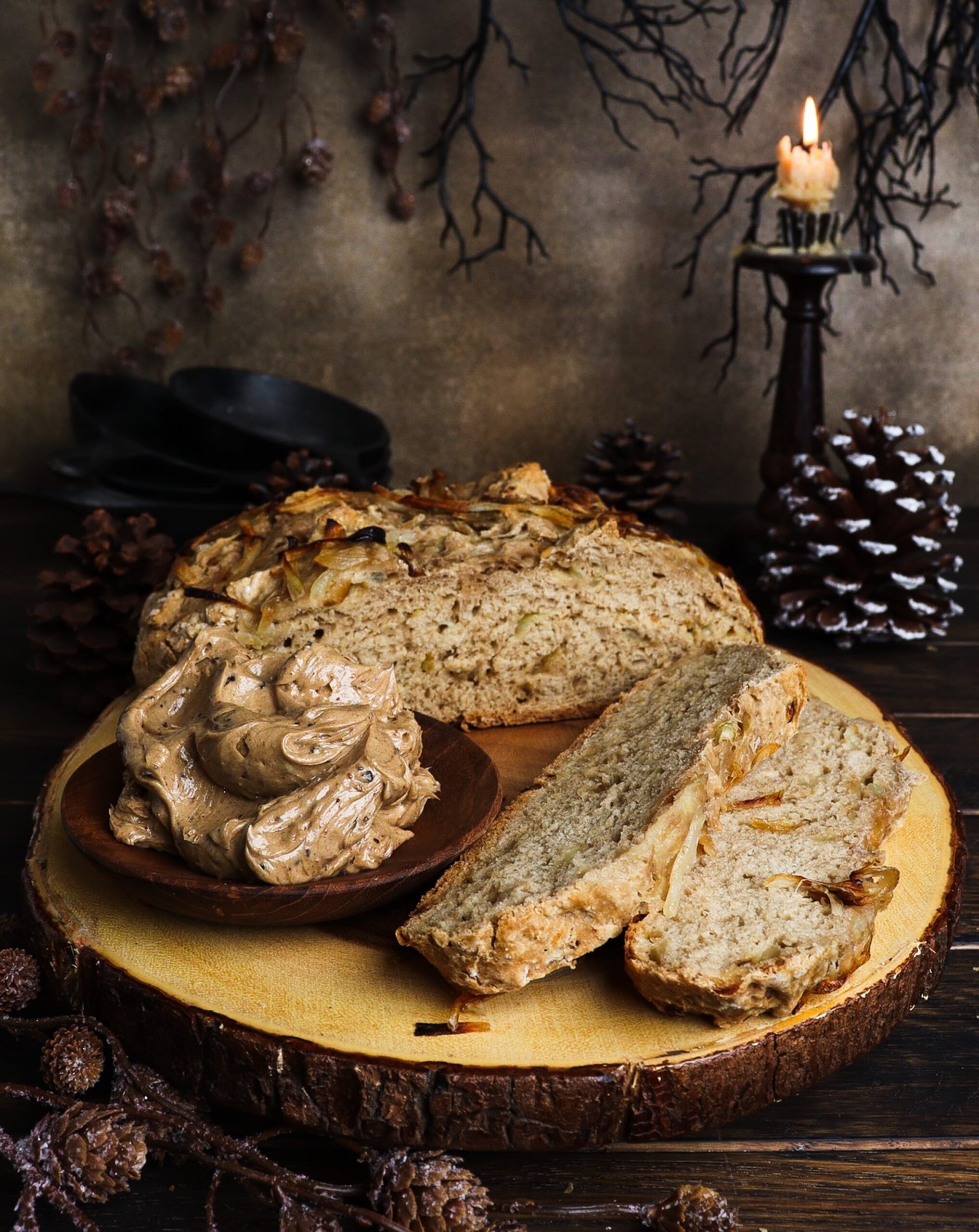 black beer onion bread, black garlic compound butter