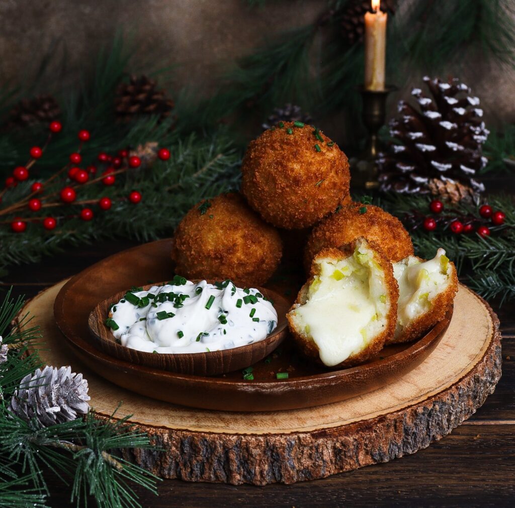 cheesy potato leek croquettes, cozy holiday appetizer, cheese potato croquettes