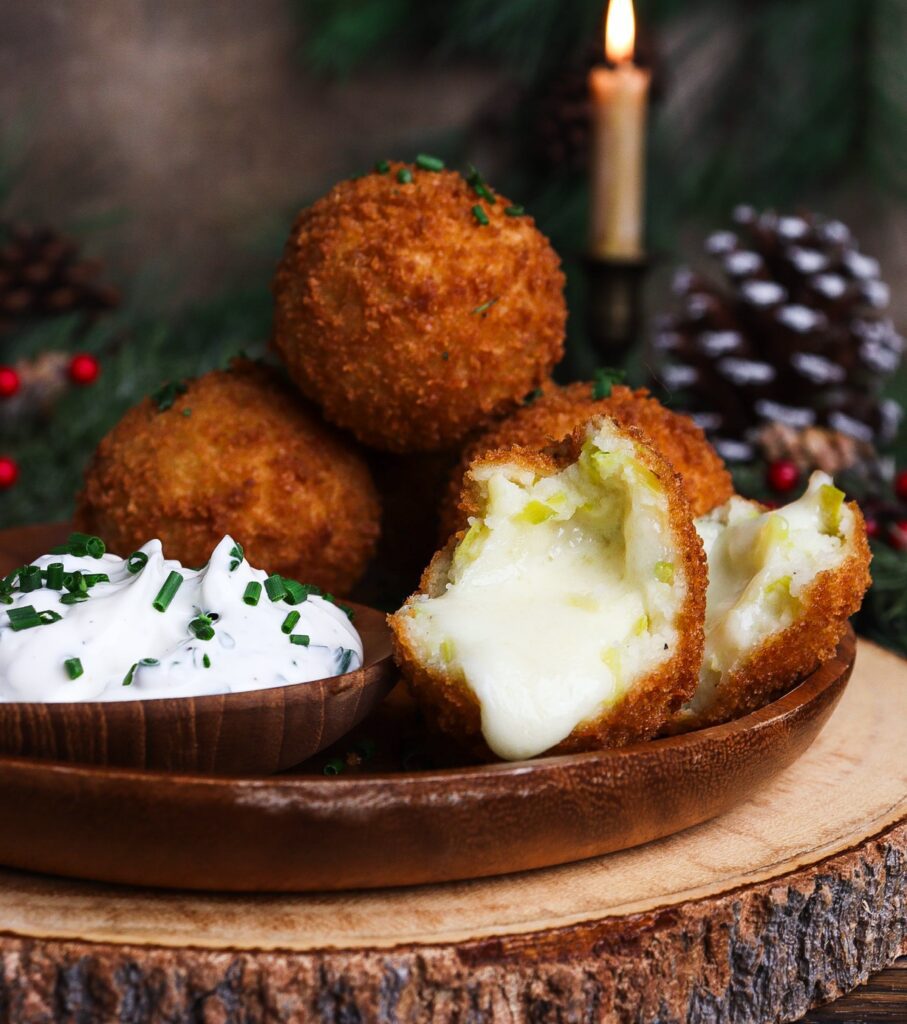 cheesy potato leek croquettes, cheese potato croquettes, cozy holiday appetizer, winter appetizer
