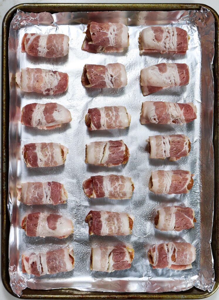 mini bacon wrapped sausages, sticky bacon wrapped sausages 