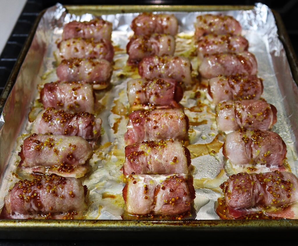 sticky bacon wrapped sausages, maple mustard bacon wrapped sausages
