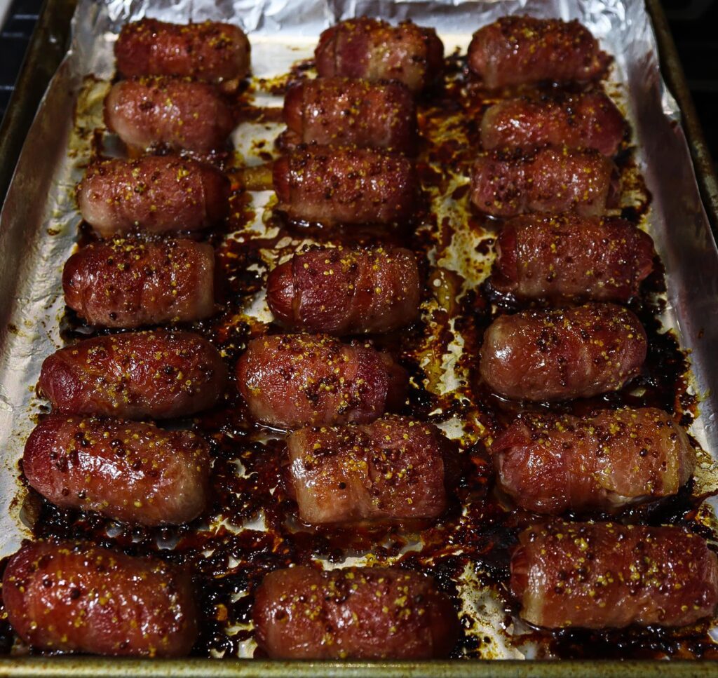 sticky bacon wrapped sausages, holiday appetizer recipe