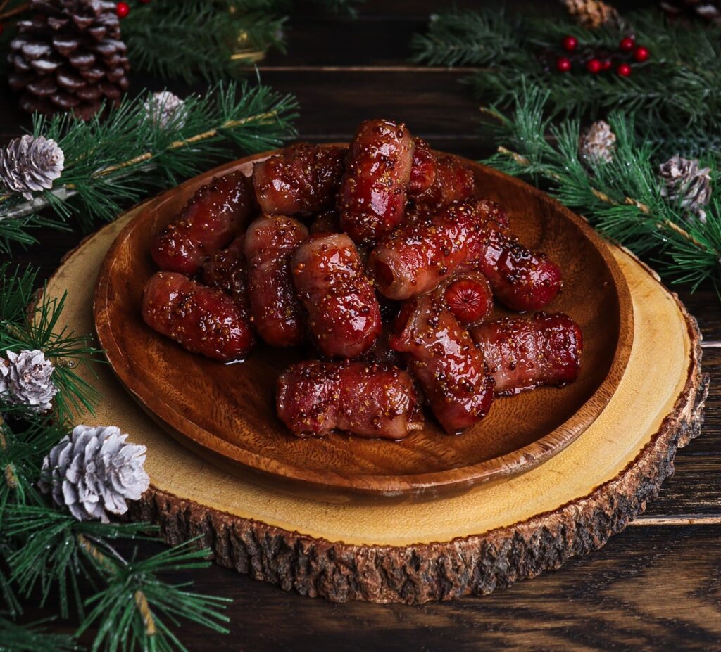 easy christmas appetizers, holiday appetizer recipe, maple mustard bacon wrapped sausages