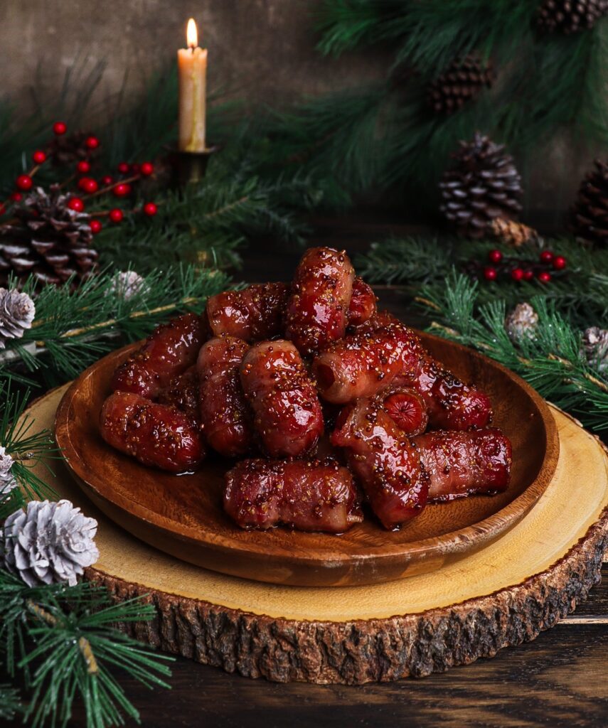 mini bacon wrapped sausages, easy christmas appetizers, holiday appetizer recipe