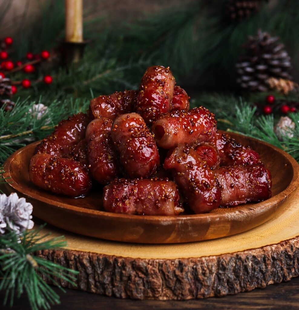 maple mustard bacon wrapped sausages, holiday appetizer recipe