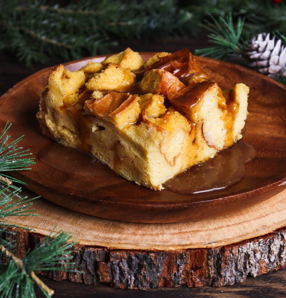 eggnog bread pudding, hot buttered rum sauce