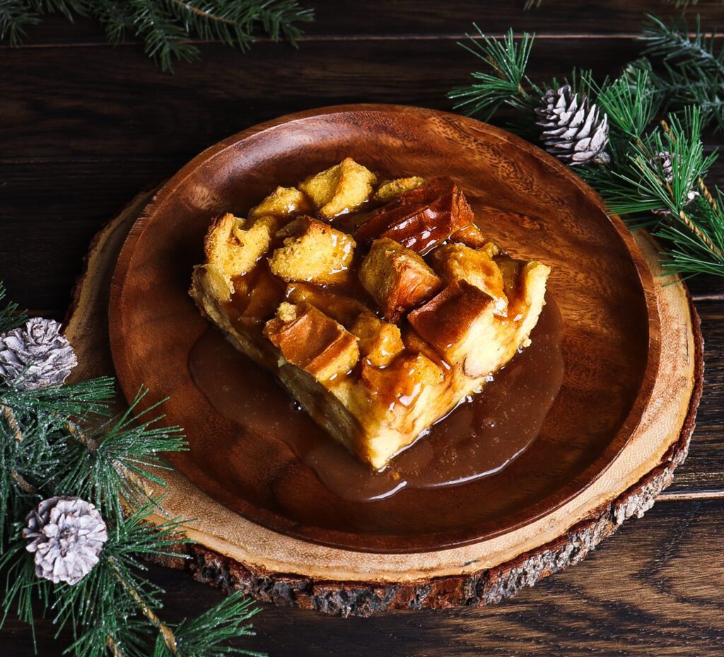 bread pudding with eggnog, hot buttered rum sauce, eggnog bread pudding